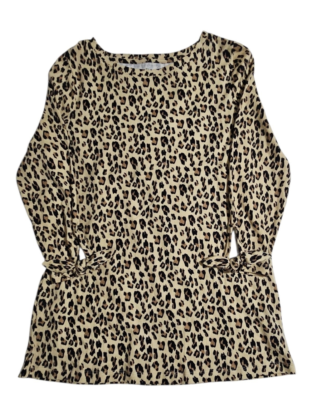 Leopard Print Long Sleeve Bow Tie-Sleeve Tunic- Beige/Black